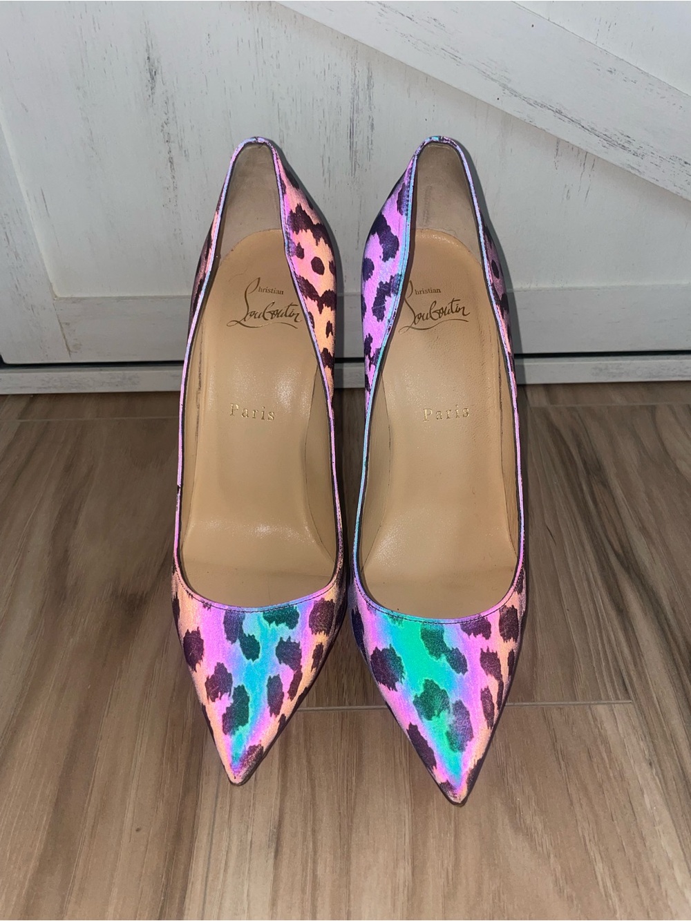 Christian Louboutin Pink Purple Green Leopard-Print Pointed-Toe Pumps.